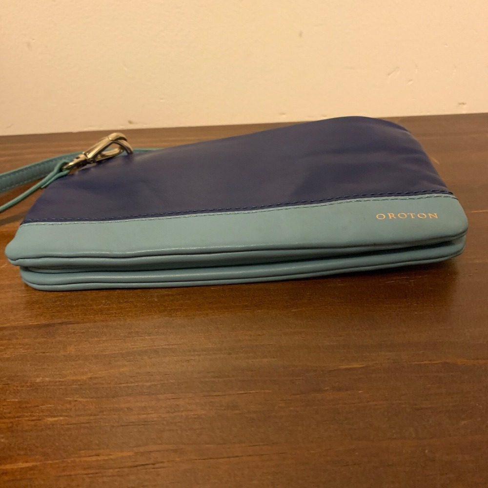 OROTON Leather Crossbody Mini Bag Blue Colorblock Removable Strap Card Holder - Picture 6 of 10